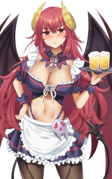 1girl adult_kurona blush breasts buwad demon_girl demon_horns demon_tail demon_wings drink embarrassed frills gal_guardians gal_gun_(series) holding holding_plate horns kurona_(galgun) large_breasts leggings looking_at_viewer maid plate pout red_eyes red_hair tail wings