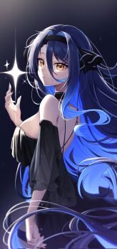 Rule 34 | 1girl, arm at side, black dress, black hairband, black ribbon, blue hair, breasts, closed mouth, colored inner hair, commentary, cowboy shot, dark background, detached sleeves, dress, gangzi (vtuber), hair between eyes, hair ribbon, hairband, hand up, highres, lancheu, large breasts, long bangs, long hair, long sleeves, looking at viewer, looking to the side, multicolored hair, ribbon, sleeveless, sleeveless dress, solo, sparkle, standing, stellive, symbol-only commentary, turning head, very long hair, virtual youtuber, yellow eyes