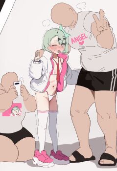1girl 2boys absurdres age_difference bald bikini black_sandals black_shorts blue_eyes chinatsu_remiel commentary faceless faceless_male flat_chest green_eyes green_hair grey_background gya_rb highres jacket loli micro_bikini multiple_boys navel necktie one_eye_closed open_clothes open_jacket pink_shoes red_necktie sandals shoes shorts standing swimsuit symbol-only_commentary thighhighs white_jacket white_thighhighs zenless_zone_zero