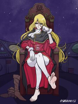 arm_rest artist_name ascot barefoot belt black_cape black_capelet blonde_hair boots breasts brown_belt brown_boots brown_shoes cape capelet clenched_hands emeraldas expressionless facial_scar feet gloom_(expression) gloves green_eyes hair_ornament hand_on_own_face hand_on_own_hip harlock_saga highres long_eyelashes long_hair medium_breasts on_throne pants pantyhose puffy_sleeves purple_background queen_emeraldas red_cape red_shirt scar scar_on_cheek scar_on_face shirt shoes signature sitting sitting_on_throne skull skull_hair_ornament skull_print sleeves_rolled_up space spacecraft spacecraft_interior szero throne toes twitter_username uchuu_kaizoku_captain_harlock unworn_boots very_long_hair white_ascot white_gloves white_pants white_pantyhose