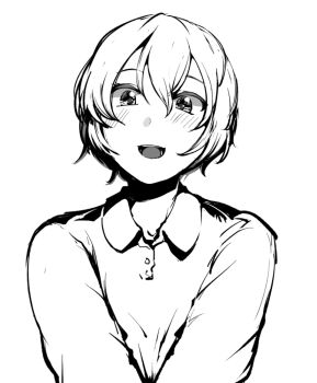 Rule 34 | 1girl, blush, collared shirt, commentary request, greyscale, high contrast, looking at viewer, monochrome, open mouth, original, sadahiro (chicken nugget gyuuniku aji), shirt, short hair, simple background, smile, solo, upper body