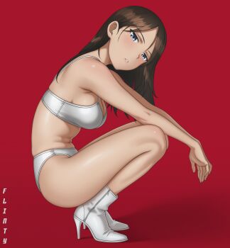 1girl absurdres blue_eyes boots bra breasts brown_hair cleavage commentary flintard from_side full_body girls_und_panzer high_heel_boots high_heels highres large_breasts long_hair navel nonna_(girls_und_panzer) panties parted_lips red_background simple_background solo squatting stomach thighs underwear white_boots white_bra white_panties