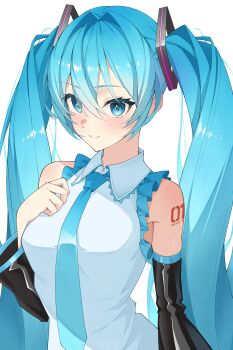 1girl absurdres arm_at_side black_sleeves blue_eyes blue_hair blue_necktie blue_trim blush breasts closed_mouth collared_shirt detached_sleeves eyelashes frilled_shirt frills hair_between_eyes hair_ornament hand_on_own_chest hand_up hashtag-only_commentary hatsune_miku hedaruma369 highres large_breasts long_hair long_sleeves looking_at_viewer necktie number_tattoo shirt shoulder_tattoo sidelocks simple_background sleeveless sleeveless_shirt smile solo tattoo twintails upper_body very_long_hair vocaloid white_background white_shirt wide_sleeves