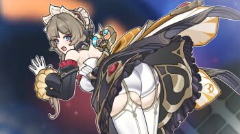 1girl ass bare_shoulders blue_eyes blush breasts brown_hair clothes_lift detached_sleeves dress dress_lift embarrassed from_behind garter_straps genshin_impact gimnang gloves headdress leaning leaning_forward looking_at_viewer medium_breasts open_mouth sandrone_(genshin_impact) short_hair short_shorts shorts sideboob solo thick_thighs thighhighs thighs winding_key