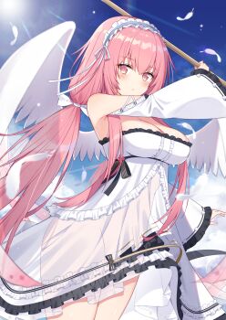 1girl absurdres azur_lane bare_shoulders blue_sky bow breasts center_frills cleavage commentary_request cowboy_shot day detached_sleeves dress falling_feathers feathered_wings feathers frilled_dress frilled_hairband frills from_side hair_bow hairband highres holding large_breasts light_blush long_hair long_sleeves looking_at_viewer no_panties no_pussy outdoors perseus_(azur_lane) pink_eyes pink_hair see-through_clothes see-through_dress sky solo t@ke-g twintails very_long_hair white_bow white_dress white_feathers wide_sleeves wings