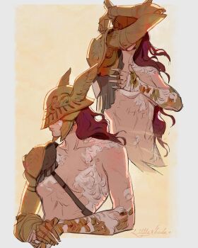 1girl abs closed_mouth covered_eyes elden_ring helmet highres littlekhada7 long_hair malenia_blade_of_miquella mechanical_arms nude prosthesis prosthetic_arm red_hair simple_background single_mechanical_arm solo very_long_hair winged_helmet