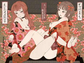 2girls amami_haruka bdsm bondage bound bound_together bow brown_hair cloritin commentary_request fine_art_parody forced_partners hair_bow idolmaster japanese_clothes kimono multiple_girls nihonga nipple_chain parody red_hair shibari tougouji_reika tribadism ukiyo-e yuri