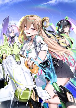 Rule 34 | 1boy, 3girls, absurdres, black gloves, black hair, black skirt, blonde hair, blue sky, braid, braided bangs, breasts, cleaning, cleavage, cliov, colored eyelashes, commentary, day, dual persona, earrings, female rover (wuthering waves), gloves, grey hair, hair between eyes, hair ornament, hair over one eye, halo, hashtag-only commentary, headphones, highres, holding, holding hose, holding sponge, hose, jacket, jealous, jewelry, long hair, looking at viewer, lynae (wuthering waves), male rover (wuthering waves), medium breasts, mornye (wuthering waves), multiple girls, necklace, open mouth, pov, pov hands, red eyes, rover (wuthering waves), shirt, shirt tucked in, skirt, skull hair ornament, sky, sleeves rolled up, smile, solo focus, sponge, star (symbol), star earrings, tacet mark (wuthering waves), thighs, triangle earrings, white jacket, white shirt, wuthering waves, yellow eyes