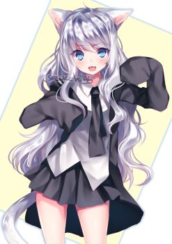 Rule 34 | 1girl, :3, :d, ahoge, animal ears, artist name, black jacket, black necktie, black skirt, blue eyes, blush, border, breasts, cat ears, cat girl, cat tail, collared shirt, commentary, cowboy shot, english commentary, fang, genderswap, genderswap (mtf), hands up, highres, jacket, long hair, long sidelocks, long sleeves, looking at viewer, miniskirt, necktie, open clothes, open jacket, open mouth, original, outside border, paw pose, pleated skirt, sasucchi95, shirt, sidelocks, simple background, skirt, sleeves past fingers, sleeves past wrists, slit pupils, small breasts, smile, solo, sparkle, square-end necktie, standing, swept bangs, tail, the anime man, v-shaped eyebrows, very long hair, wavy hair, white border, white hair, white shirt, white tail, yellow background
