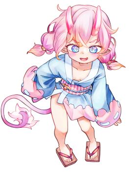 1girl blue_eyes breasts chaosexceed commentary fang full_body geta highres horns japanese_clothes original paid_reward_available pink_hair small_breasts solo tail variant_set white_background
