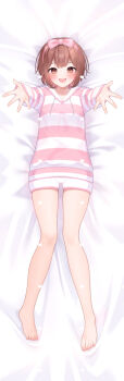 Rule 34 | 1girl, :d, bed sheet, blush, bow, brown eyes, brown hair, chitetan, commentary request, copyright request, dakimakura (medium), dotted line, drawstring, full body, hair bow, heart, hood, hood down, hoodie, long sleeves, looking at viewer, lying, on back, open mouth, outstretched arms, pink bow, reaching, reaching towards viewer, short shorts, shorts, sleeves past wrists, smile, solo, striped clothes, striped hoodie, virtual youtuber, watermark, white shorts