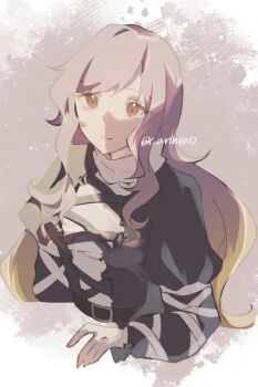 Rule 34 | 1girl, belt, black belt, black dress, blonde hair, breasts, carin (c arin1012), closed mouth, commentary request, cropped torso, cross-laced clothes, cross-laced dress, dress, gradient hair, highres, hijiri byakuren, juliet sleeves, layered dress, long hair, long sleeves, looking ahead, medium breasts, multicolored hair, muted color, puffy sleeves, purple hair, sidelocks, smile, solo, touhou, turtleneck, turtleneck dress, two-tone dress, white dress, yellow eyes