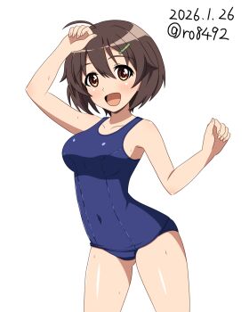 1girl brave_witches breasts brown_eyes brown_hair clothes_in_front commentary_request covered_navel dated hair_ornament hairclip highres karibuchi_hikari medium_breasts old_school_swimsuit ryohei-0617 school_swimsuit short_hair simple_background solo standing swimsuit twitter_username white_background world_witches_series