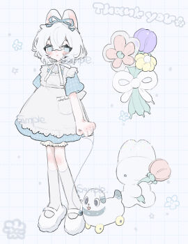 1other :o am314 androgynous animal_ears apron blue_dress blue_eyes commentary_request commission dress flower frilled_apron frills grid_background highres kneehighs looking_at_viewer original plaid_clothes plaid_dress purple_flower rabbit_ears red_flower sample_watermark shoes short_sleeves simple_background skeb_commission socks watermark white_apron white_background white_hair white_shoes white_socks yellow_flower