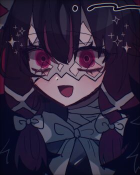 bow columbina_(genshin_impact) eye_mask genshin_impact hair_ribbon highres kyukyu_tata mask open_mouth pink_eyes pink_hair ribbon see-through_clothes see-through_mask sparkle white_bow