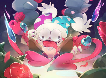 black_background blue_eyes blue_hat boots brown_footwear claws colored_skin commentary_request crazy cross-eyed fangs flower frown fur-trimmed_headwear fur_trim gold_necklace gradient_background hat heart jester_cap jewelry kirby kirby_(series) komoreg licking licking_another's_face long_tongue marx_(kirby) marx_soul necklace nintendo no_humans one_eye_closed open_mouth paint petals pink_hat pink_skin pointy_boots polka_dot_headwear pom_pom_hat_ornament purple_eyes purple_skin red_flower red_footwear red_rose red_wings rose rose_petals saliva sitting size_difference slit_pupils smile thorns tongue triangle_print two-tone_headwear wings yellow_background