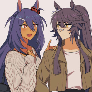 2girls animal_ears bandaid bandaid_on_face bandaid_on_nose black_hair blush breasts brown_jacket closed_mouth dark-skinned_female dark_skin ear_ornament ear_scrunchie fang hair_between_eyes hair_ornament hairclip highres hishi_amazon_(umamusume) horse_ears horse_girl hwipa_(param_blue) jacket long_hair long_sleeves multiple_girls narita_brian_(umamusume) open_mouth pants ponytail red_eyes red_scrunchie ribbed_sweater scrunchie shirt simple_background smile striped_clothes striped_scrunchie sweater umamusume upper_body very_long_hair white_shirt white_sweater yellow_eyes