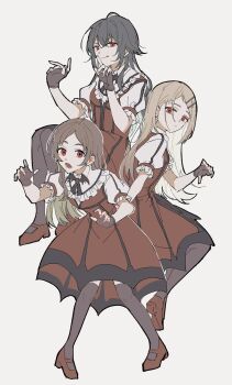 3girls alternate_costume bat_brooch black_gloves black_thighhighs blonde_hair brown_hair dress fingerless_gloves gakuen_idolmaster gloves hair_ornament hairclip hayamachi high_heels highres idolmaster kuramoto_china long_hair looking_at_viewer multiple_girls my_dear_vampire_(idolmaster) open_mouth puffy_short_sleeves puffy_sleeves red_dress red_eyes red_shoes shinosawa_hiro shoes short_sleeves standing thighhighs tsukimura_temari vampire_costume white_sleeves