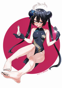 1girl absurdres bare_legs barefoot black_dress black_gloves black_hair black_nails blue_archive blush bottle breasts butterfly_hair_ornament china_dress chinese_clothes collarbone commentary_request condom condom_wrapper double-parted_bangs double_bun dragon_print dress dual_wielding eyeshadow feet film_grain foreshortening full_body glint gloves grey_eyes grey_halo hair_between_eyes hair_bun hair_ornament halo hands_up highres holding holding_bottle holding_condom kisaki_(blue_archive) legs long_hair looking_at_viewer makeup nail_polish open_mouth pelvic_curtain presenting print_dress red_background red_eyeshadow shangdi_de_fa_zhang simple_background sitting sleeveless sleeveless_dress small_breasts soles solo straight_hair toenail_polish toenails toes tongue tongue_out tsurime twintails two-tone_background very_long_hair wet white_background