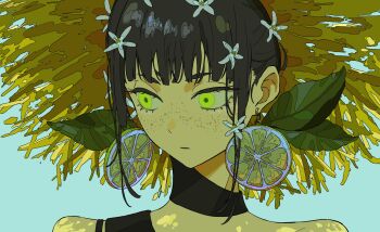 1girl asymmetrical_clothes bare_shoulders black_hair blue_background commentary earrings flower food-themed_earrings food_themed_earrings freckles green_eyes hair_flower hair_ornament hat highres jewelry leaf lemon_blossoms lemon_earrings looking_to_the_side original simple_background solo straw_hat tsukii_(t_s_u_k_i_i) upper_body