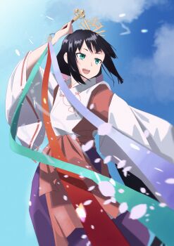 1girl absurdres aqua_eyes black_hair blue_sky blunt_bangs cloud commentary highres holding japanese_clothes nige_jouzu_no_wakagimi open_mouth selopangji shizuku_(nige_jouzu_no_wakagimi) sky solo teeth upper_teeth_only