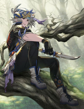 1boy arm_ribbon black_gloves black_jacket black_pants blue_ribbon boots brown_eyes cropped_jacket dagger earrings final_fantasy final_fantasy_vi forest full_body gloves grey_boots grey_hair headscarf holding holding_dagger holding_knife holding_weapon in_tree jacket jewelry knife locke_cole male_focus minagawa_fumio nature official_art outdoors pants parted_bangs parted_lips print_shirt ribbon shirt short_hair sitting sleeves_rolled_up smile solo square_enix tree weapon