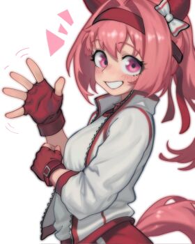 1girl animal_ears blush bow buruma commentary ear_covers ear_ornament fingerless_gloves from_side gloves grin hair_intakes hand_up haru_urara_(bestest_prize)_(umamusume) haru_urara_(umamusume) headband highres horse_ears horse_girl horse_tail jacket linnees_waos long_hair long_sleeves looking_at_viewer notice_lines open_clothes open_jacket pink_eyes pink_hair ponytail red_buruma red_gloves red_headband shirt simple_background smile solo tail track_jacket umamusume upper_body waving white_background white_bow white_jacket white_shirt