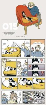 Rule 34 | 2girls, absurdres, blonde hair, cat, claws, comic, dungeon meshi, elf, english text, falin touden, highres, injury, izutsumi, kui ryouko, marcille donato, multiple girls, official art, pointy ears, scratches