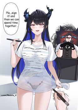 1boy 1girl 1other :d asymmetrical_horns bestrix black_hair black_panties blue_hair breasts clothes_writing colored_inner_hair commentary english_commentary english_text father_and_daughter highleg highleg_panties highres holding holding_pen hololive hololive_english horns job_application_form_(meme) large_breasts long_hair looking_at_viewer meme multicolored_hair nerissa_ravencroft nib_pen_(object) no_pants open_mouth panties paparissa pen print_shorts purple_eyes see-through_clothes see-through_shirt shirt short_sleeves shorts sidelocks slit_pupils smile straight_hair t-shirt teeth two-tone_hair underwear uneven_horns upper_teeth_only very_long_hair virtual_youtuber white_background white_shirt