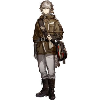 1boy arknights bag bird_boy boots brown_jacket full_body jacket lace-up_boots male_focus official_art shoulder_bag simple_background solo standing tachi-e third-party_source transparent_background