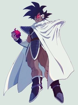 Rule 34 | 1boy, armor, black eyes, black hair, boots, brown tail, cape, dark-skinned male, dark skin, dragon ball, dragonball z, food, from below, fruit, grey background, highres, holding, holding food, holding fruit, komesan 0212, looking at viewer, looking down, male focus, monkey boy, monkey tail, muscular, muscular male, purple armor, red-tinted eyewear, saiyan armor, scouter, short hair, solo, spiked hair, tail, tail around waist, tinted eyewear, tullece, white cape