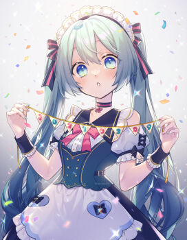 1girl 2021 alternate_costume apron aqua_nails arms_up bare_shoulders blue_eyes choker collarbone confetti dated dress enmaided frills goshi-san grey_background hair_between_eyes hair_ribbon hatsune_miku heart highres holding holding_string long_hair looking_at_viewer maid maid_headdress multicolored_nails nail_polish parted_lips pennant pinafore_dress pink_nails pink_neckwear puffy_short_sleeves puffy_sleeves ribbon short_sleeves sleeveless_dress solo string striped twintails upper_body very_long_hair vocaloid waist_apron watermark wrist_cuffs