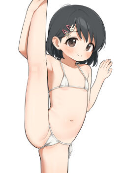 1girl bikini black_hair blush commentary_request flat_chest hair_ornament hairclip highres idolmaster idolmaster_cinderella_girls loli matanukinuki micro_bikini navel paid_reward_available rabbit_hair_ornament sasaki_chie short_hair simple_background solo split standing standing_on_one_leg standing_split swimsuit white_background white_bikini