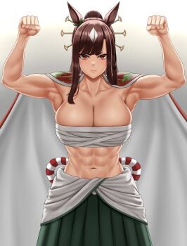 1girl abs absurdres akitsu_teio_(umamusume) animal_ears armpits arms_up bow breasts brown_hair chest_sarashi clenched_hands closed_mouth collarbone commentary_request ear_ribbon flexing green_hakama hair_ornament hakama hands_up highres horse_ears horse_girl japanese_clothes kimono_on_shoulders kouhaku_nawa large_breasts long_hair looking_at_viewer multicolored_hair muscular muscular_female navel ponytail red_eyes rope sarashi shimenawa solo stmoon stomach straight-on two-tone_hair umamusume umamusume:_cinderella_gray white_hair