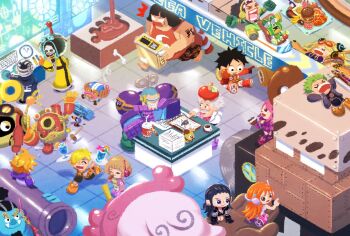 Rule 34 | > <, 6+boys, 6+girls, afro, antlers, arms up, black hair, black jacket, blonde hair, blue hair, boots, brook (one piece), brook (one piece) (egghead), burger, buzz cut, closed eyes, coat, commentary request, den den mushi, dr. vegapunk, food, franky (one piece), franky (one piece) (egghead), from above, gloves, green hair, hair slicked back, headphones, highres, horns, jacket, jewelry bonney, jewelry bonney (egghead), jinbe (one piece), jinbe (one piece) (egghead), long nose, lying, monkey d. luffy, monkey d. luffy (egghead), multiple boys, multiple girls, nami (one piece), nami (one piece) (egghead), nico robin, nico robin (egghead), old, old man, on back, one piece, orange hair, paper, radio antenna, red coat, red gloves, reindeer antlers, roronoa zoro, roronoa zoro (egghead), sanji (one piece), sanji (one piece) (egghead), scar, scar on face, sentoumaru, short hair, shota onepiece, sitting, skeleton, sleeping, straw hat pirates, stussy (one piece), tile floor, tiles, tongue, tongue out, tony tony chopper, tony tony chopper (egghead), usopp, usopp (egghead), vegapunk atlas, vegapunk edison, vegapunk lilith, vegapunk lilith (egghead), vegapunk pythagoras, vegapunk shaka, vegapunk york, very short hair, yellow coat