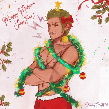 1boy anger_vein christmas_ornaments clenched_teeth commentary crossed_arms english_commentary garland_(decoration) green_hair highres limeariee male_focus merry_christmas mistletoe one_piece roronoa_zoro scar scar_across_eye scar_on_face sideburns solo stitched_torso stitches sweatdrop teeth topless_male v-shaped_eyebrows