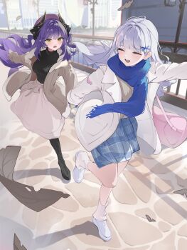 2girls absurdres ayatsuno_yuni beret black_boots black_horns black_sweater blue_mittens blue_scarf blue_skirt blunt_bangs boots breasts brown_coat brown_mittens closed_eyes coat commentary dragon_girl dragon_horns dragon_tail full_body fur-trimmed_coat fur_trim hair_ornament hat highres horns knee_boots lace-up_boots lamppost long_hair long_sleeves loose_socks medium_breasts mittens multiple_girls open_mouth outdoors pink_bag plaid_clothes plaid_skirt pleated_skirt purple_hair purple_hat railing running sakihane_huya scarf shoes skirt smile socks stellive sweater symbol-only_commentary tail thumbsup_stella turtleneck turtleneck_sweater virtual_youtuber white_coat white_hair white_shoes white_skirt white_socks x_hair_ornament yellow_eyes