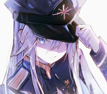 Rule 34 | 1girl, 86 -eightysix-, blazer, blue jacket, cc.orange, closed mouth, collared shirt, gloves, hair between eyes, hat, highres, jacket, long hair, looking at viewer, military hat, military uniform, shirt, simple background, solo, vladilena millize, white background, white eyes, white gloves, white hair
