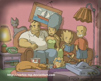 2boys 3girls absurdres animification antennae arm_around_shoulder artist_name baby bald bart_simpson blonde_hair blue_hair blush bow breasts brother_and_sister brown_dog carlos-mp cat collar colored_sclera colored_skin commentary couch crt denim denim_shorts dog drawing_(object) dress english_commentary facial_hair family father_and_daughter father_and_son food green_dress hair_bow highres homer_simpson indoors jeans jewelry lamp lisa_simpson long_hair maggie_simpson marge_simpson mother_and_daughter mother_and_son multiple_boys multiple_girls necklace on_couch open_mouth pacifier pants pearl_necklace phone popcorn reading red_dress red_shirt rug shirt short_sleeves shorts siblings sisters sitting small_breasts smile spiked_hair studio_ghibli_(style) teeth television the_simpsons white_shirt yellow_sclera yellow_skin