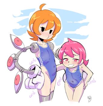 2girls alternate_costume bichosan blue_one-piece_swimsuit blush collarbone covered_erect_nipples covered_navel cowboy_shot cyborg drawfag gloves grin hand_on_own_hip loli looking_at_viewer multiple_girls one-piece_swimsuit orange_hair peacock_(skullgirls) pink_eyes pink_hair pursed_lips short_hair skullgirls smile swimsuit thigh_gap umbrella_(skullgirls)