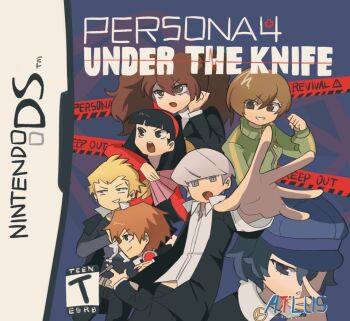 3boys 4girls amagi_yukiko atlus black_hair black_jacket black_pants blonde_hair blue_hair brown_eyes brown_hair caution_tape chou_shittou_caduceus closed_mouth collared_shirt copyright_name derivative_work esrb green_jacket grey_eyes grey_hair hanamura_yousuke hand_fan handheld_game_console hat holding holding_fan jacket keep_out kujikawa_rise long_hair long_sleeves looking_at_viewer multiple_boys multiple_girls narukami_yu nintendo_ds open_mouth pants paper_fan persona persona_4 sasibowol satonaka_chie shirogane_naoto shirt short_hair smile tatsumi_kanji twintails video_game_cover_redraw white_shirt
