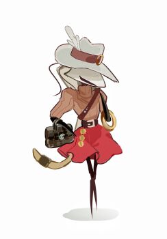 1girl arthropod_girl bag belt black_bag brown_belt brown_sweater commentary crossed_legs elbow_carry film_grain full_body halftone handbag hat hat_belt hat_feather highres hightguy hollow_eyes hollow_knight hollow_knight:_silksong looking_down medium_skirt puffy_short_sleeves puffy_sleeves red_skirt ribbed_sweater shadow shakra_(hollow_knight) short_sleeves skirt solo standing sweater symbol-only_commentary turtleneck turtleneck_sweater white_hat white_mask