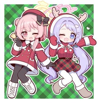 2girls ;d antlers bell black_bow black_gloves black_pantyhose blue_archive blue_eyes blue_hair boots bow capelet chibi dress fake_antlers fang feather_hair gloves green_background grey_boots hair_bow hair_bun hair_ornament halo hanae_(blue_archive) hanae_(christmas)_(blue_archive) hat heart heart_hair_ornament highres holding holding_bell hood hood_up horns long_hair long_sleeves looking_at_viewer miniskirt mittens multiple_girls naga_u official_alternate_costume one_eye_closed open_mouth outline pantyhose pink_eyes pink_hair pink_halo plaid_background plaid_clothes plaid_skirt red_capelet red_dress red_hat red_hood red_mittens red_skirt red_sweater reindeer_antlers santa_costume santa_dress serina_(blue_archive) serina_(christmas)_(blue_archive) short_hair single_side_bun skin_fang skirt smile sweater very_long_hair white_boots white_outline white_pantyhose yellow_halo
