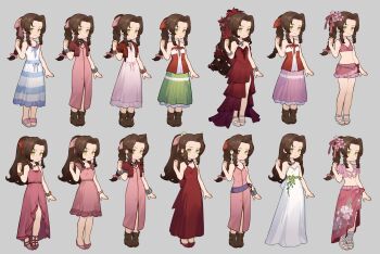 absurdres aerith_gainsborough aerith_gainsborough_(cheap_pink_dress) aerith_gainsborough_(floral_delight) aerith_gainsborough_(pink_mermaid) aerith_gainsborough_(red_dress) aerith_gainsborough_(ruddy_pink_dress) aerith_gainsborough_(white_floral_dress) bikini bikini_skirt boots bracelet braid braided_ponytail brown_hair button_dress chibi commentary_request crisis_core:_final_fantasy_vii cropped_jacket dress final_fantasy final_fantasy_vii final_fantasy_vii:_advent_children final_fantasy_vii_rebirth final_fantasy_vii_remake flower green_eyes hair_flower hair_ornament hair_ribbon high_heels highres jacket jewelry kingdom_hearts kingdom_hearts_i kingdom_hearts_ii lilith-lily long_skirt looking_at_viewer official_alternate_costume official_alternate_hairstyle parted_bangs pink_bikini red_dress red_jacket ribbon sandals side_slit silver_bangle skirt striped_clothes striped_dress swimsuit white_dress