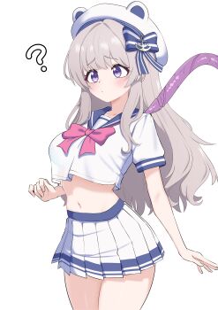 1girl ? absurdres animal_ears blue_sailor_collar bow bowtie breasts closed_mouth cowboy_shot crop_top crop_top_overhang fake_animal_ears frown grey_hair hair_bow hat highres long_hair looking_ahead maplestory medium_breasts midriff miniskirt navel oldsickkim pink_bow pink_bowtie player_character_(maplestory) pleated_skirt purple_eyes sailor_collar school_uniform see-through_silhouette serafuku shirt short_sleeves simple_background skirt solo stomach tentacles thighs white_background white_hat white_serafuku white_shirt white_skirt