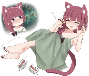 1girl :3 ? absurdres alcohol_carton animal_ear_fluff animal_ears balancing barefoot black_bow black_nails blunt_bangs bocchi_the_rock! bow braid cat_day cat_ears cat_tail closed_eyes commentary dress drunk green_dress hair_bow hair_over_shoulder highres hiroi_kikuri marumaruru meme multiple_views paw_pose purple_eyes purple_hair single_braid space_cat_(meme) tail