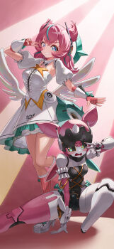 Rule 34 | 2girls, absurdres, aqua hair, aria (zenless zone zero), breasts, commentary, dress, english commentary, fingerless gloves, gloves, hand up, highres, kili (happy kili), looking at viewer, medium hair, multicolored hair, multiple girls, nervous, pink gloves, pink hair, pink socks, puffy short sleeves, puffy sleeves, robot girl, short sleeves, smile, socks, standing, standing on one leg, streaked hair, sweatdrop, white dress, white wings, wings, yutane johiel, zenless zone zero