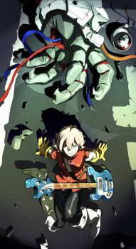 Rule 34 | boots, cable, electric guitar, exhausted, flcl, gloves, guitar, hair between eyes, haruhara haruko, highres, instrument, looking up, mechanical arms, pink hair, pink punk ponk, short hair, single mechanical arm, teeth, white boots, yellow gloves