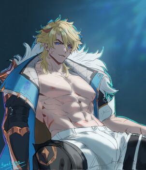 Rule 34 | 1boy, abs, blonde hair, blue eyes, bulge, commentary, corrupted twitter file, facial scar, genshin impact, hashtag-only commentary, highres, jacket, lama sara114433, looking at viewer, male focus, medium hair, mismatched eyebrows, mullet, muscular, muscular male, navel, nipples, open clothes, open jacket, pants, parted lips, pectorals, scar, scar on cheek, scar on face, solo, spread legs, teeth, varka (genshin impact), white pants