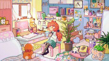 ._. 1girl absurdly_detailed_composition alarm_clock bed bedroom black_socks blue_ribbon blush_stickers book cactus cellphone chair clock closed_mouth coffee_mug commentary_request commission computer_keyboard cup curtains desk frilled_pillow frills full_body green_skirt hair_ornament hair_ribbon hairclip hands_up heart heart_hair_ornament highres holding holding_cup indoors loaded_interior long_hair long_sleeves low-tied_long_hair monitor mug niwa_matthew no_shoes on_chair open_book original over-kneehighs pencil pencil_case phone photo_(object) pile_of_books pillow plant plant_request pleated_skirt potted_plant ribbon shelf shirt sitting skeb_commission skirt slice_of_life smartphone smile socks solo stairs stuffed_animal stuffed_rabbit stuffed_toy teddy_bear thighhighs tissue_box watermark white_shirt window